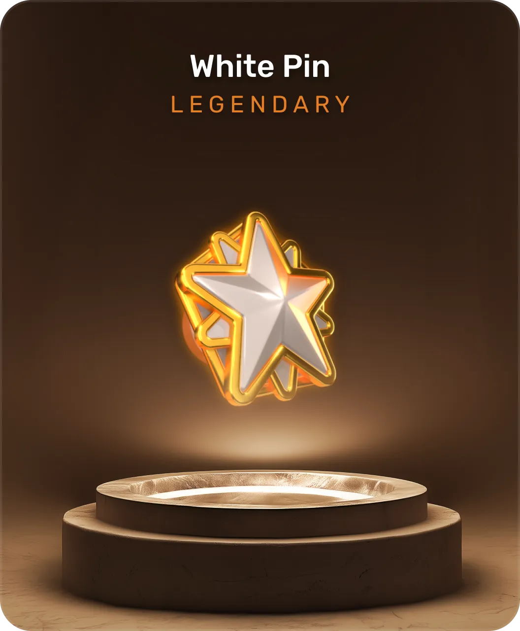 White star-shaped pin with gold edges hovering above a two-tiered round stone pedestal on a dark brown background.
