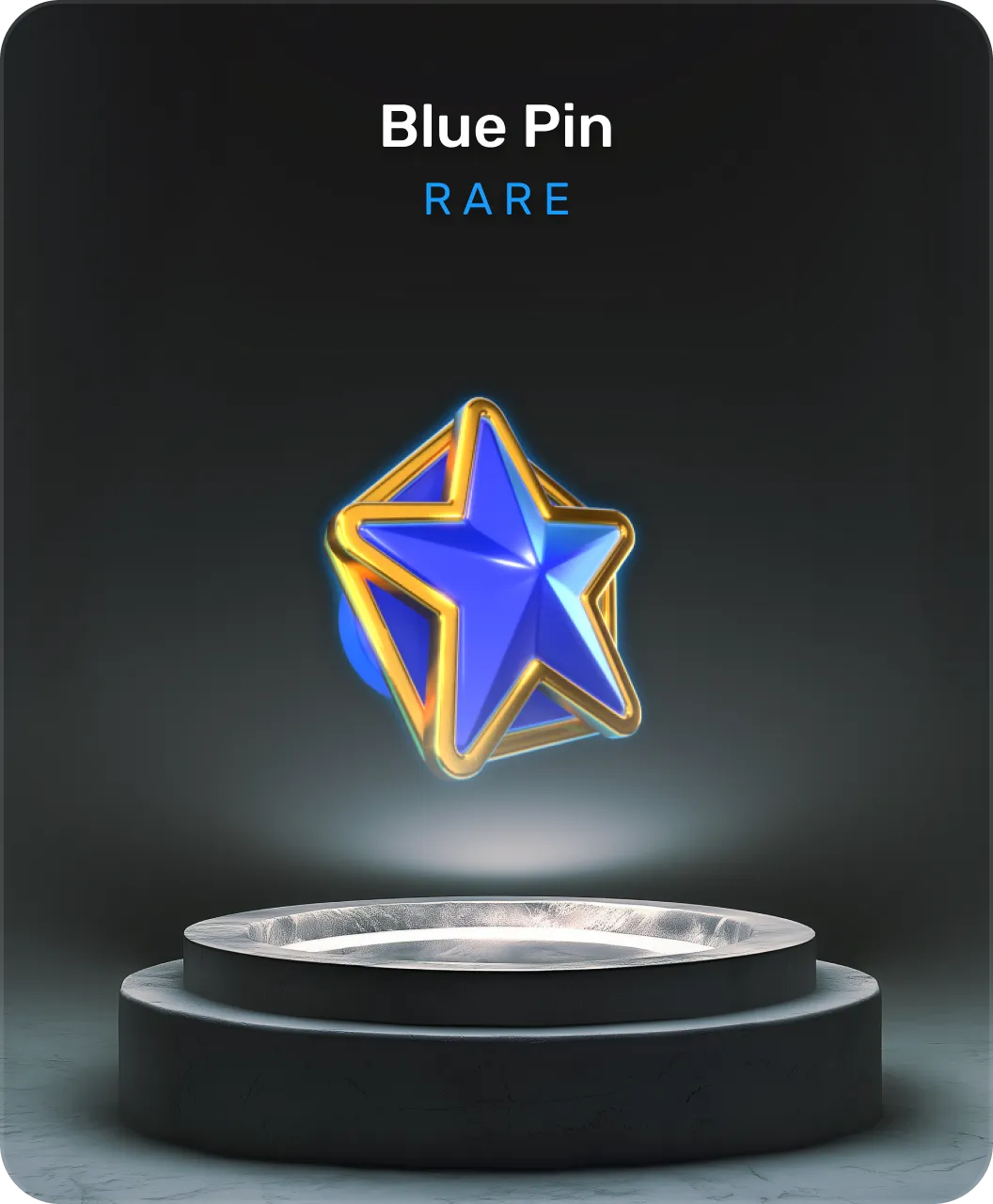 Blue star-shaped pin with a gold outline floating above a round dark pedestal labeled 'Blue Pin RARE'.