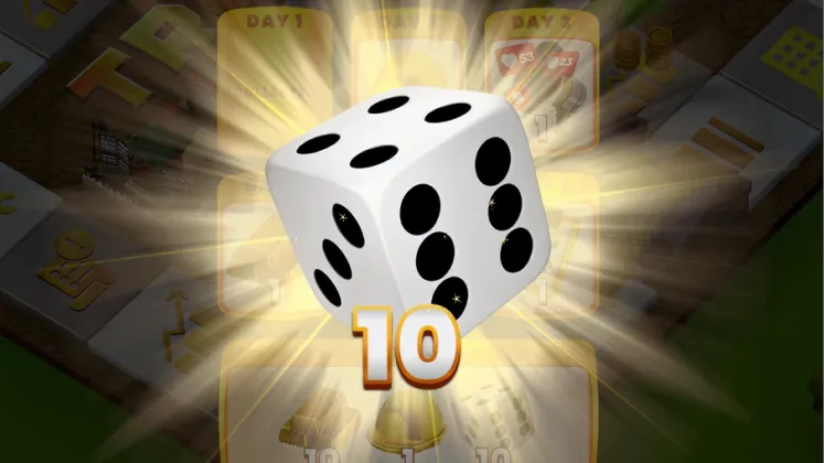 White six-sided die showing a total of 10 with glowing golden light rays around it.