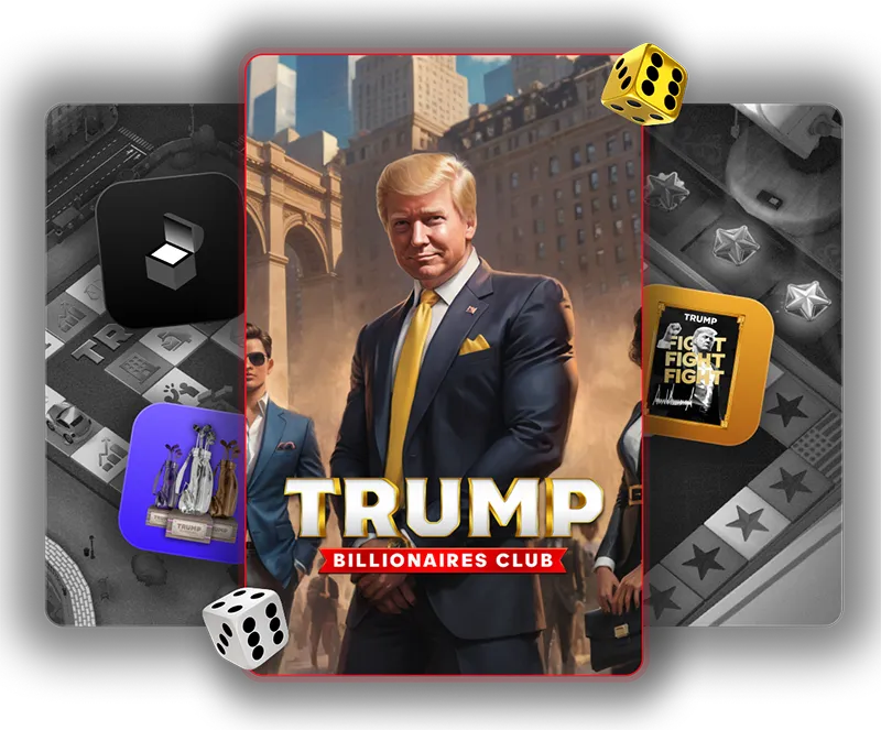 Illustration of Donald Trump in a suit and yellow tie with text 'Trump Billionaires Club' in front of a cityscape background, surrounded by game elements like dice and cards.